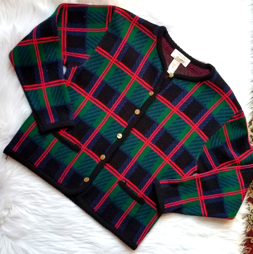 Tally Ho Vintage Plaid Gold Button Sweater M